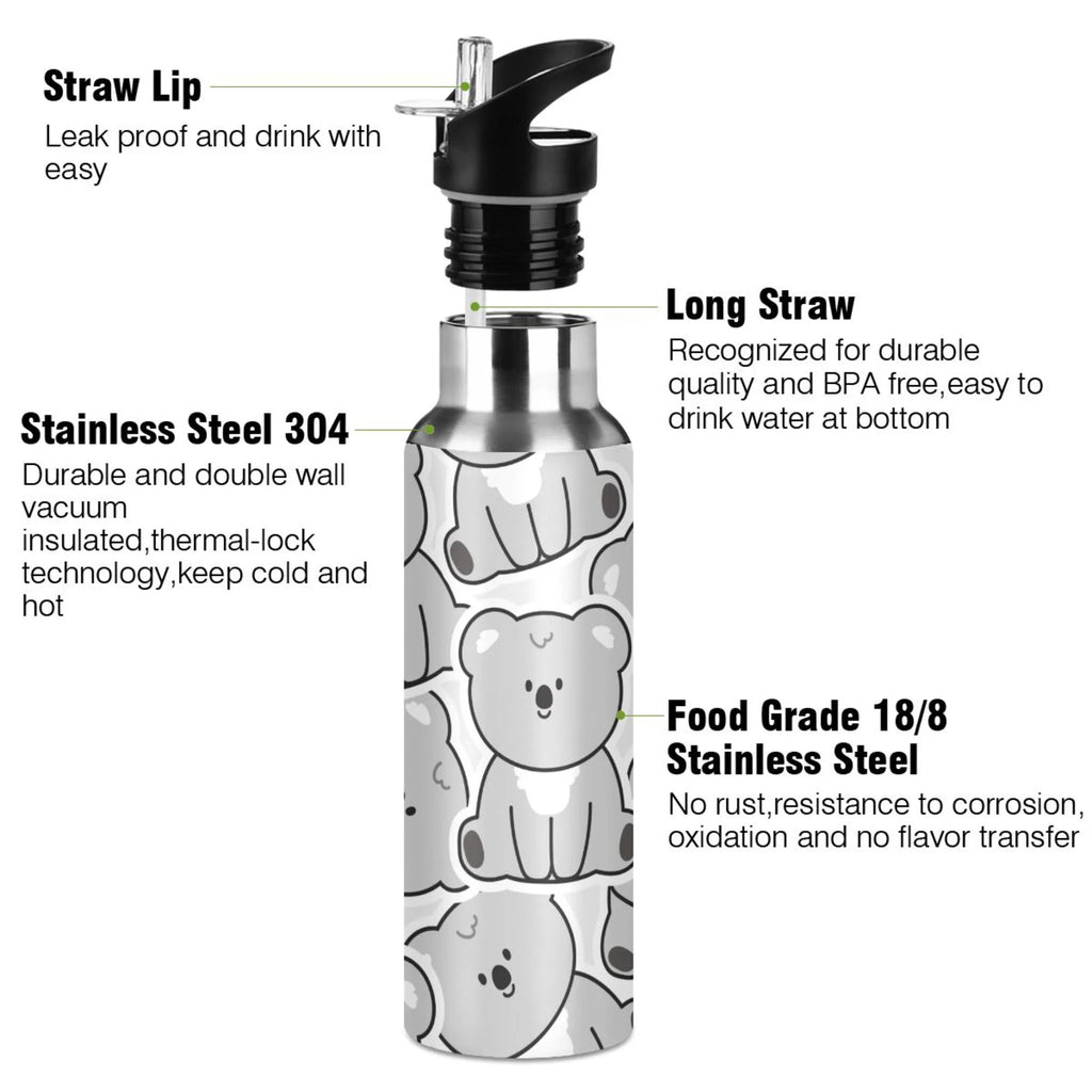 Gray Koala Bear Stainless Steel Insulated Water Bottle with Straw Lid N239