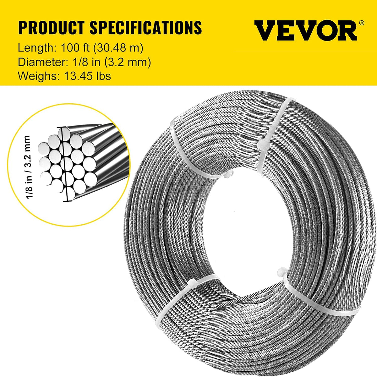 Stainless Steel 1/8"x 100ft Wire Rope 316 Marine Grade Braided Aircraft Cable H2512