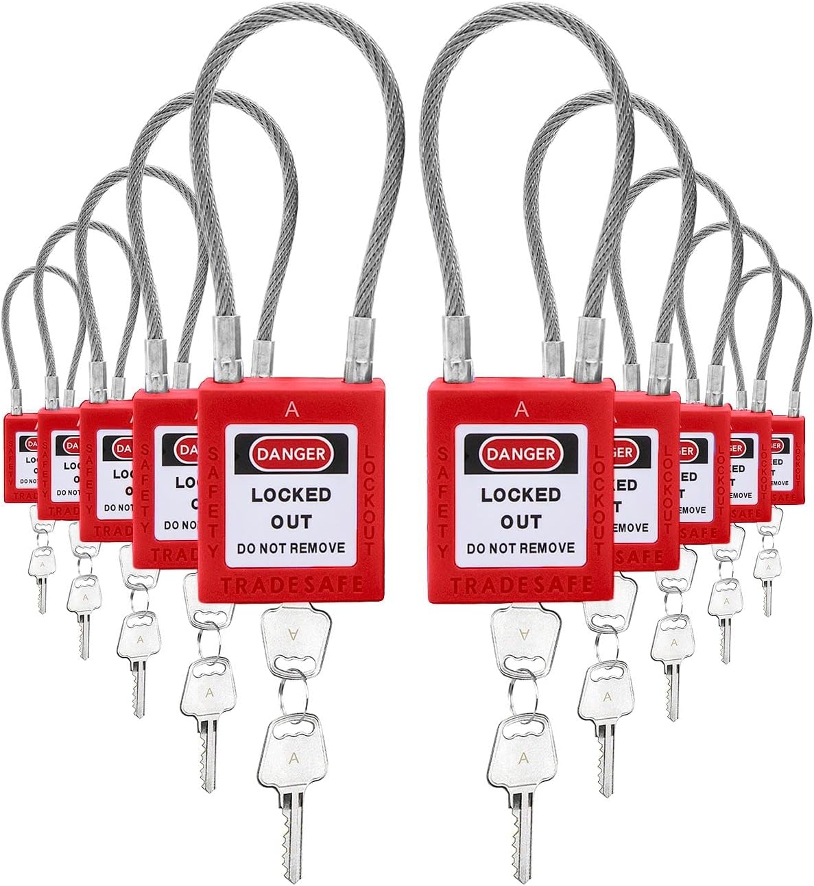 10 Red Keyed Alike Steel Cable Lockout Padlock Set T178738