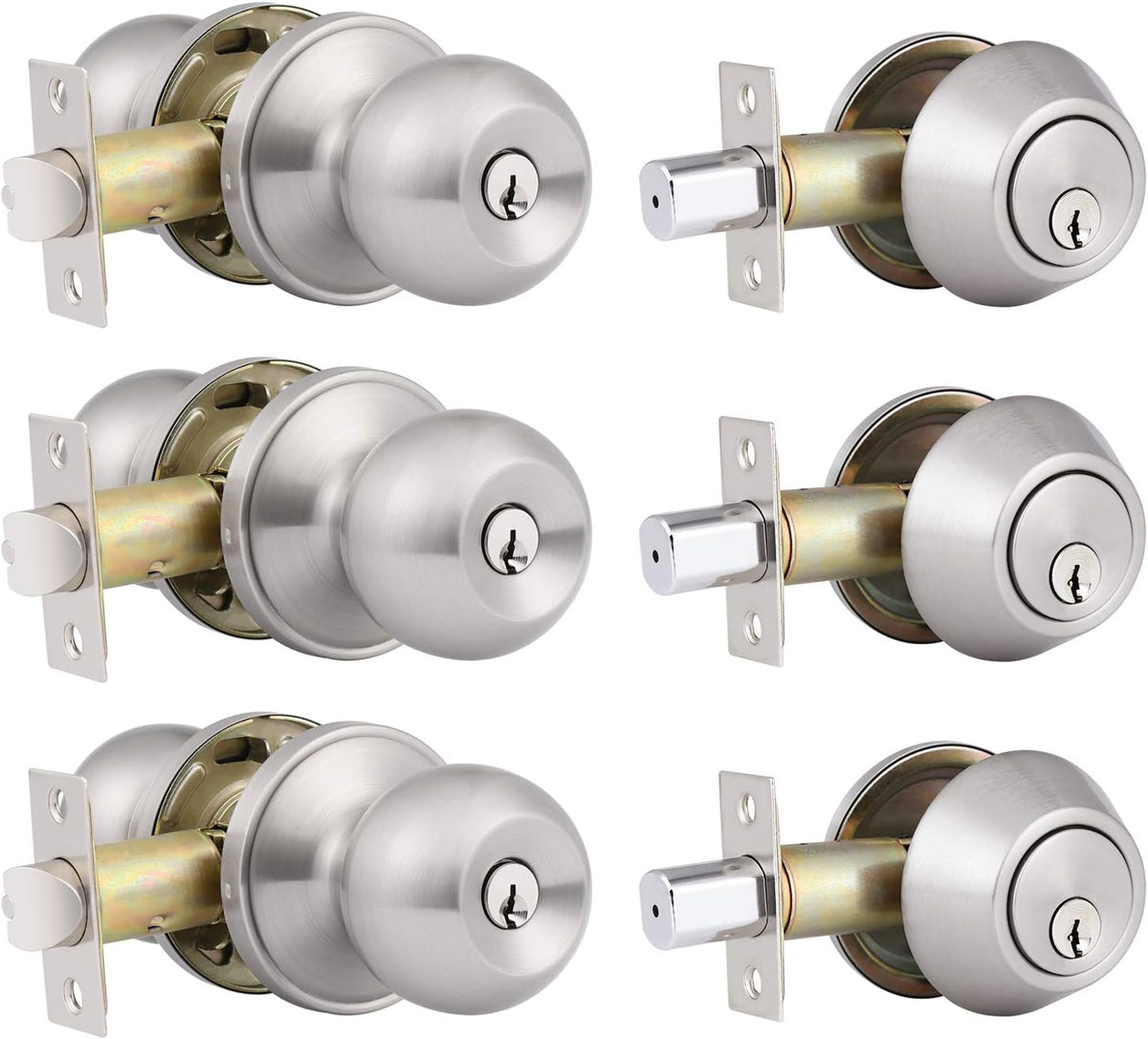 6 Pack Keyed Alike Entry Door Knobs and Single Cylinder Deadbolt Lock Combo Set with Satin Nickel Finish H301