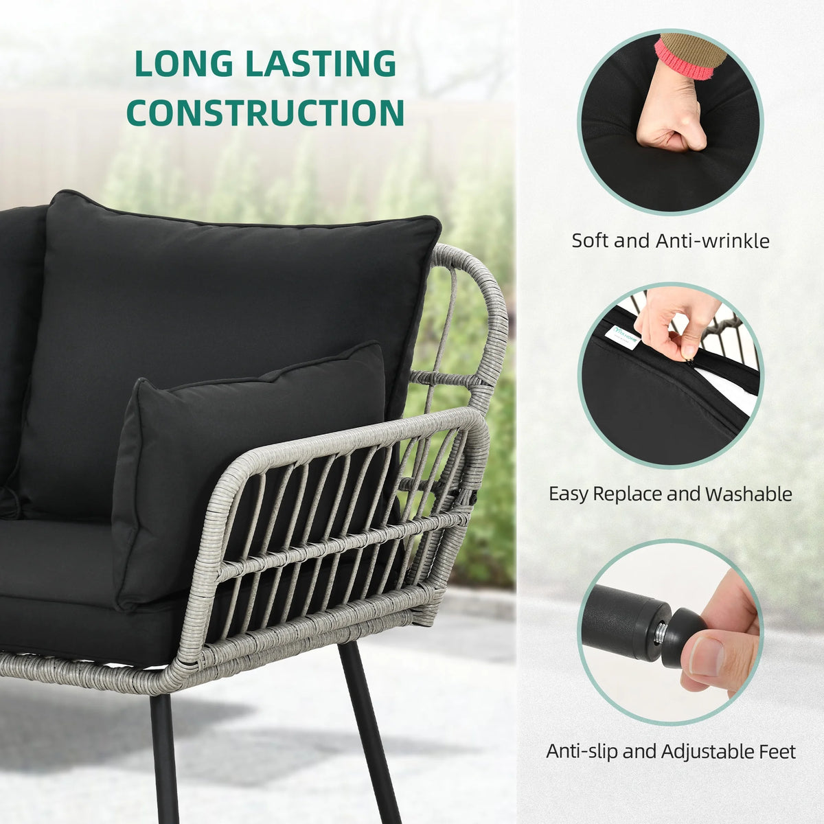All-Weather Wicker Rattan 2 Seater Loveseat Sofa with Black Cushions & Lumbar Pillows V77734