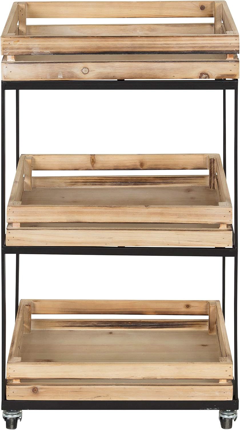 Natural Wood 3 Tiered Rolling Storage Cart with Black Metal Frame T68417
