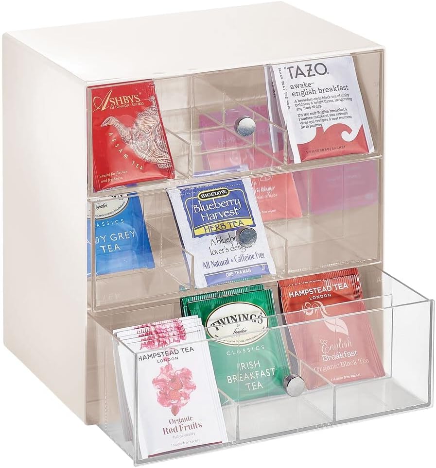 White/Clear Plastic 3 Drawer Tea Bag Caddy Box Storage Container Organizer Holder N571077