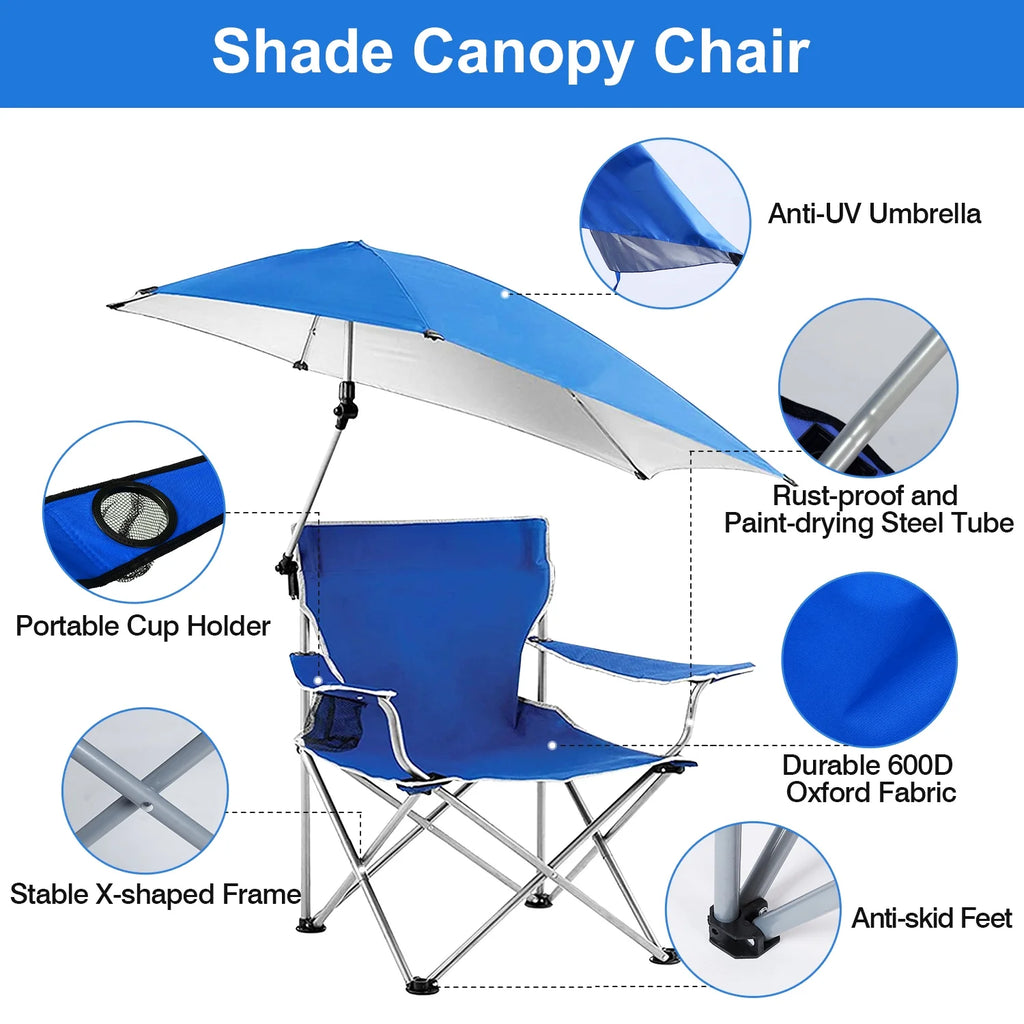 Blue Foldable Beach Chair with Detachable Umbrella Cup Holder Carry Bag N444386