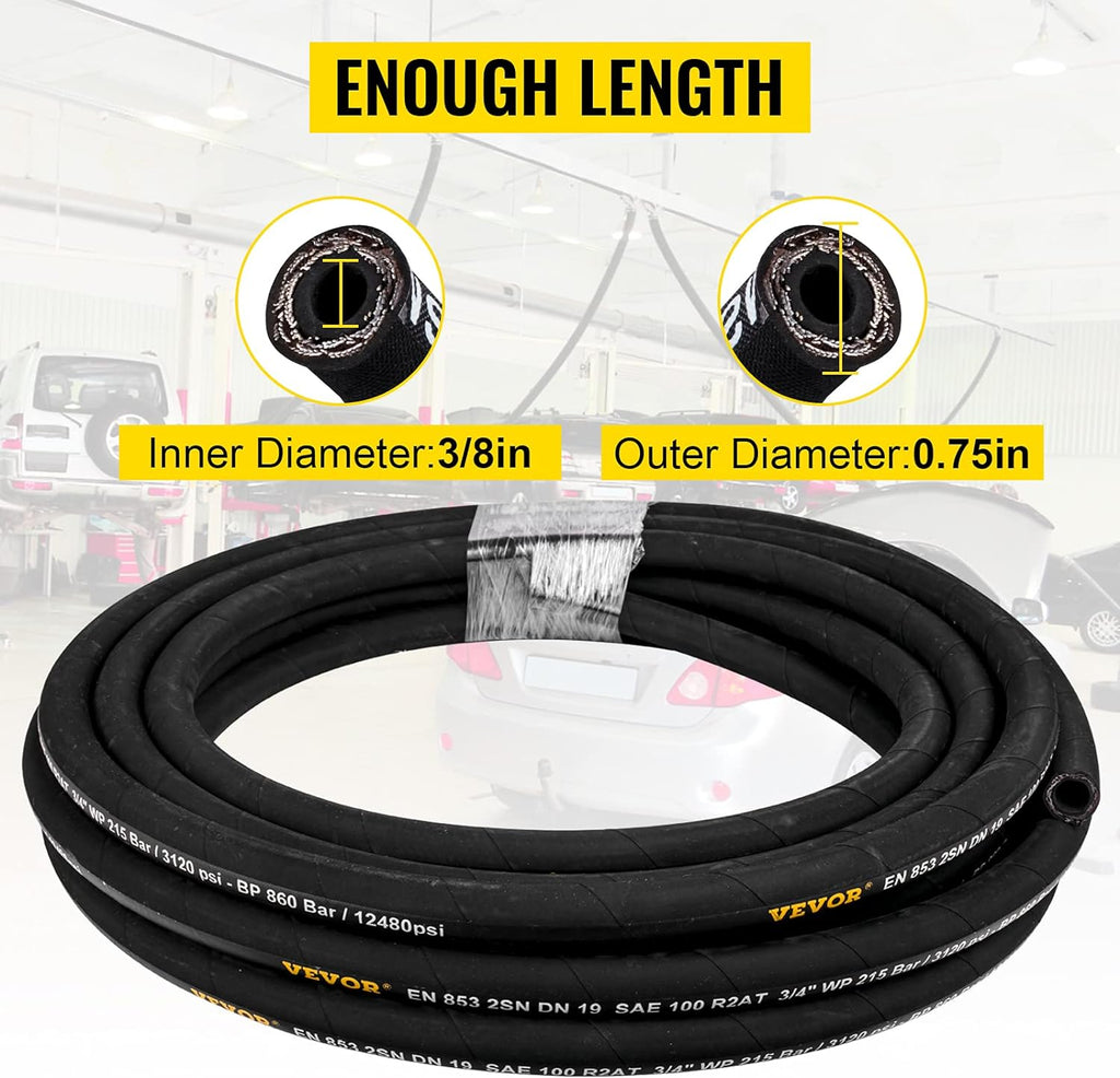Hydraulic Hose 3/8 inch x 100 ft, 4800 PSI, Rubber, with 2 High-Tensile Steel Wire Braid H7200