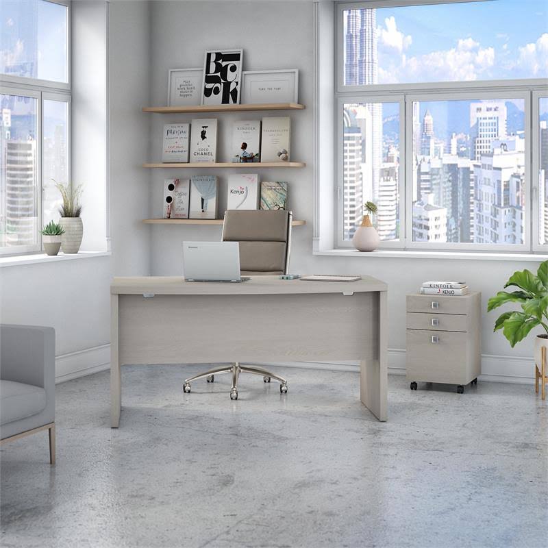 Gray Sand Bow Front Desk with Mobile File Cabinet I793337