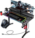 Gaming Desk with RGB Mouse Pad & Power Outlet, Carbon Fiber Surface, Monitor Stand, Cup Holder, Headphone Hook R49314