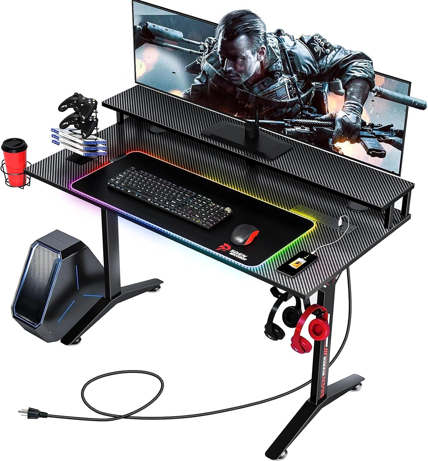 Gaming Desk with RGB Mouse Pad & Power Outlet, Carbon Fiber Surface, Monitor Stand, Cup Holder, Headphone Hook R49314