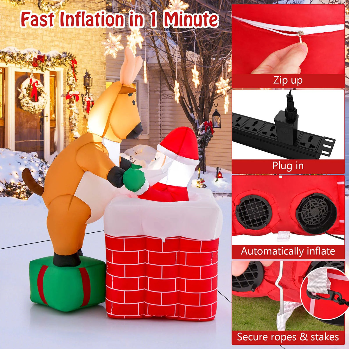 5 FT Christmas Inflatable Santa Claus Climbing Chimney Reindeer C67714