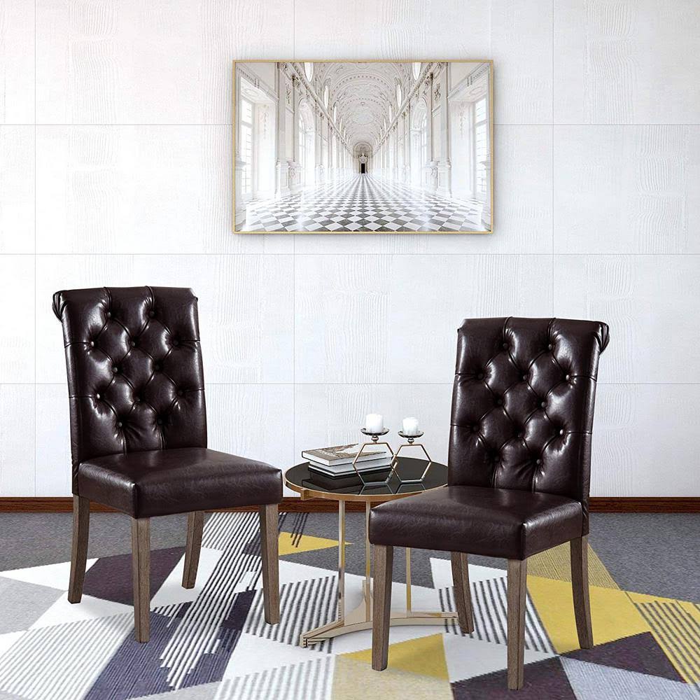 Brown Synthetic Leather Button Tufting Dining Accent Chair Set of 2 A480651