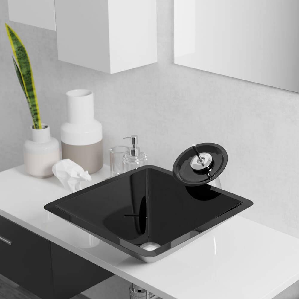 16-1/2x22 Glass Vessel Bathroom Sink with Vessel Faucet Noir Dark T246559