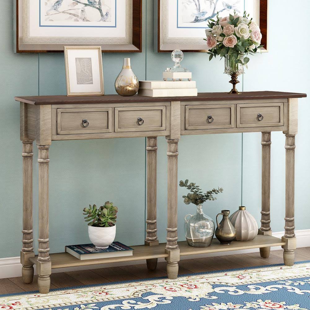 Antique Gray Rectangle Wood Console Table with Drawers N7343