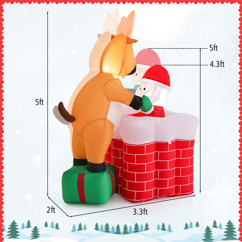 5 FT Christmas Inflatable Santa Claus Climbing Chimney Reindeer C67714
