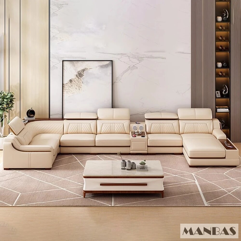 Italian Leather Couch Set with Cup Holder, USB, Adjustable Headrests & Bluetooth Speaker A3101