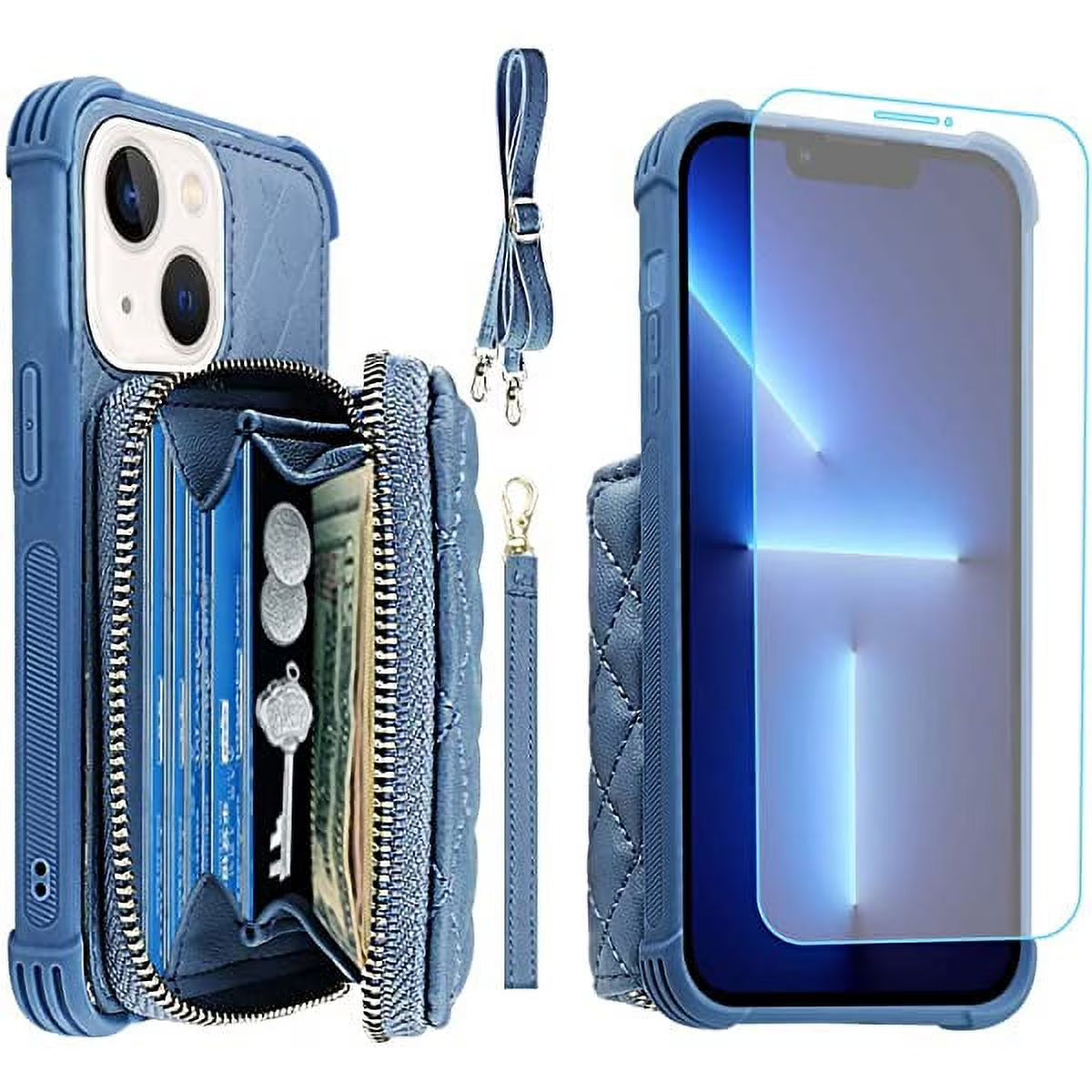 Zipper Wallet Case for iPhone 13 with Card Holder and Detachable Crossbody Strap R3098