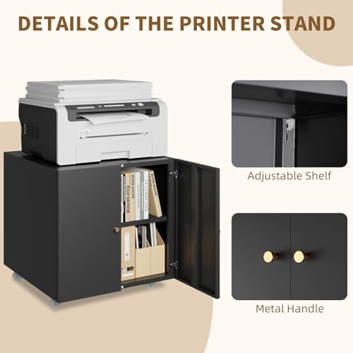 Black Small Rolling Printer Stand with Storage and Adjustable Shelf S727793