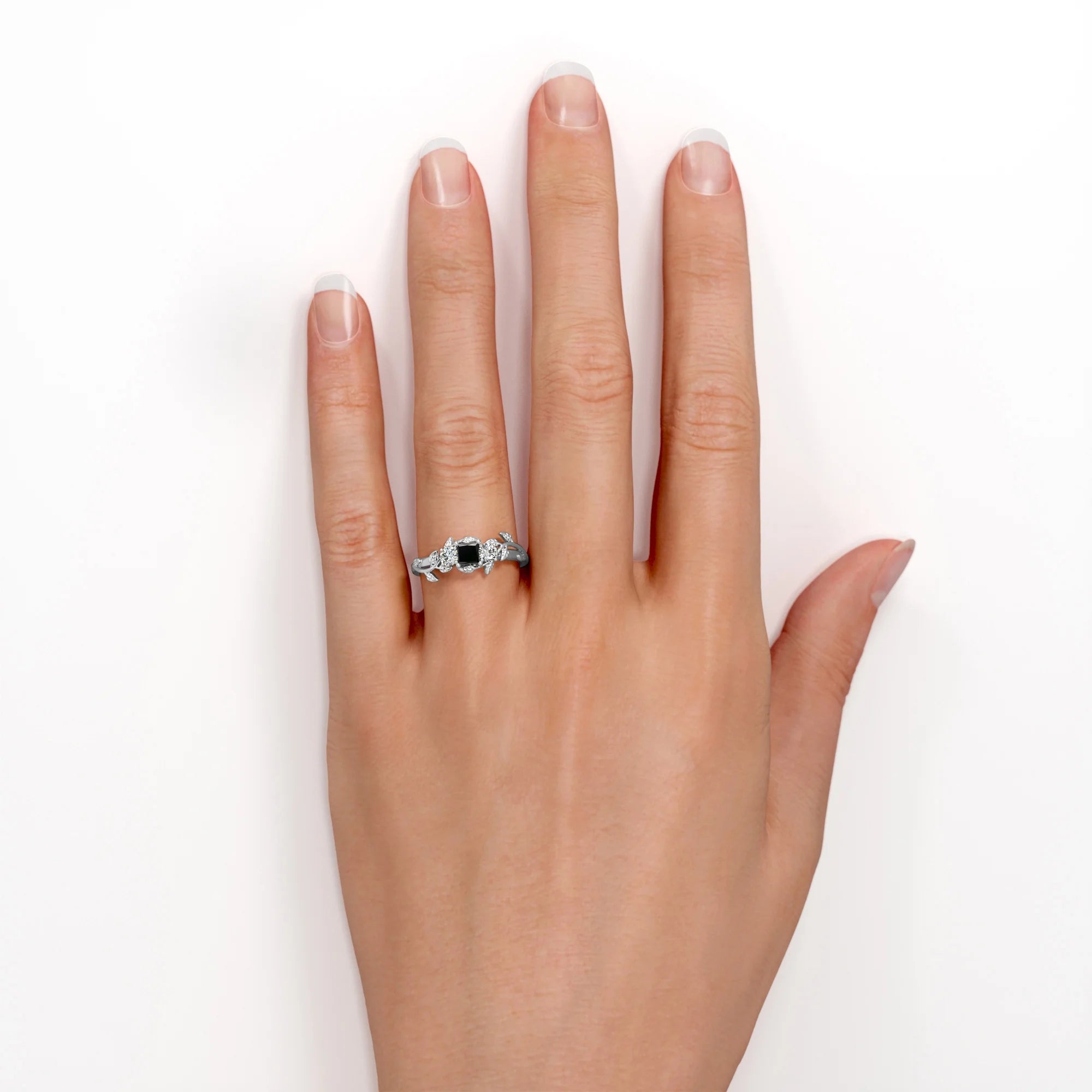 Three Stone Engagement Ring with Lab Grown Black Diamond and Moissanite V352545