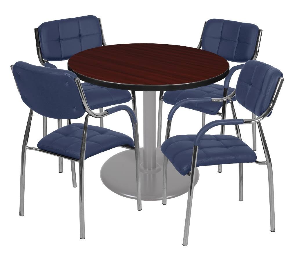 42x22 Round Platter Base Table Mahogany Grey 4 Uptown Side Chairs Navy V1155