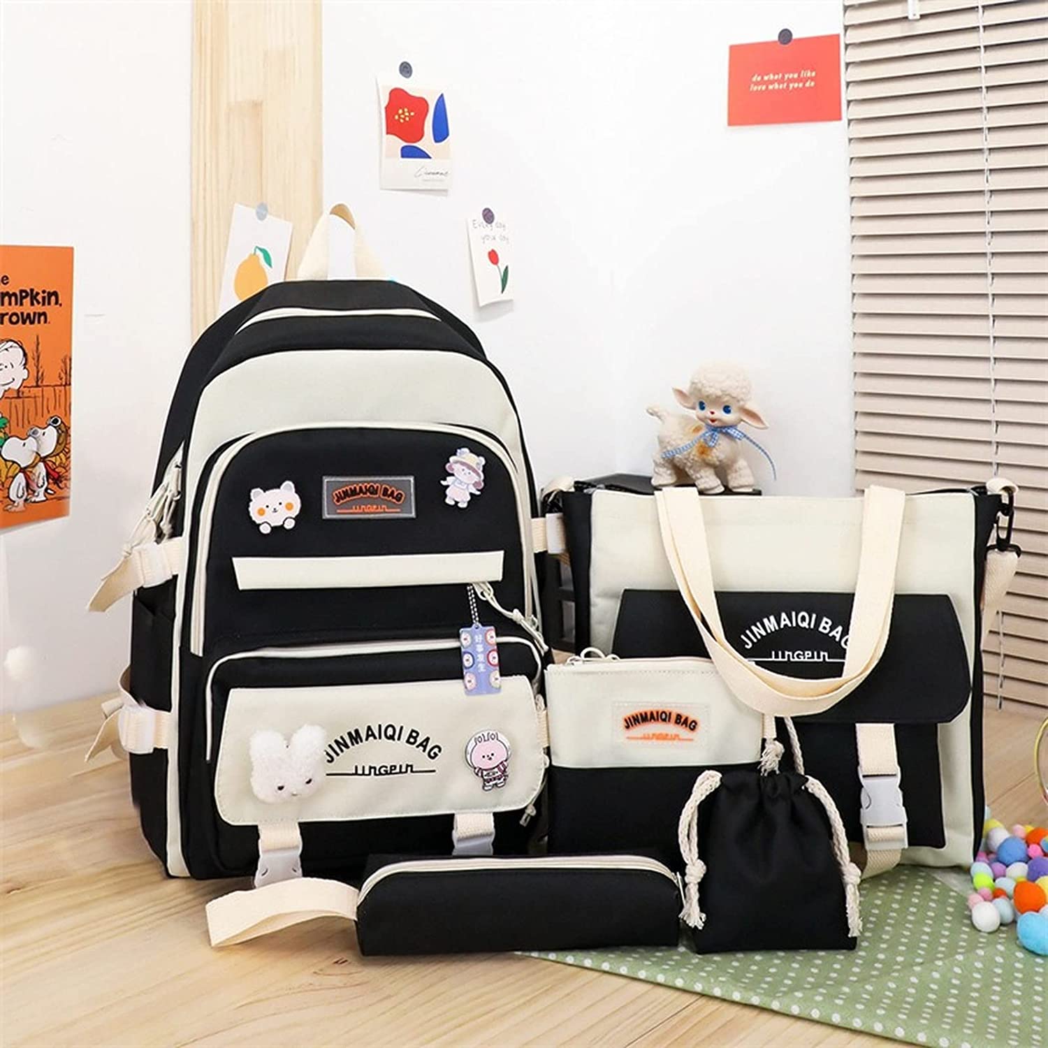 5Pcs Backpacks Combo Set with Bear Pendant & Pins Z4271