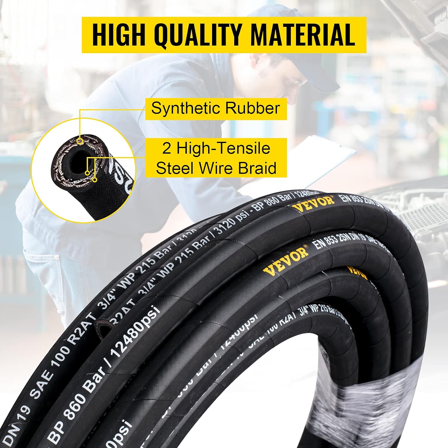 Hydraulic Hose 3/8 inch x 100 ft, 4800 PSI, Rubber, with 2 High-Tensile Steel Wire Braid H7200