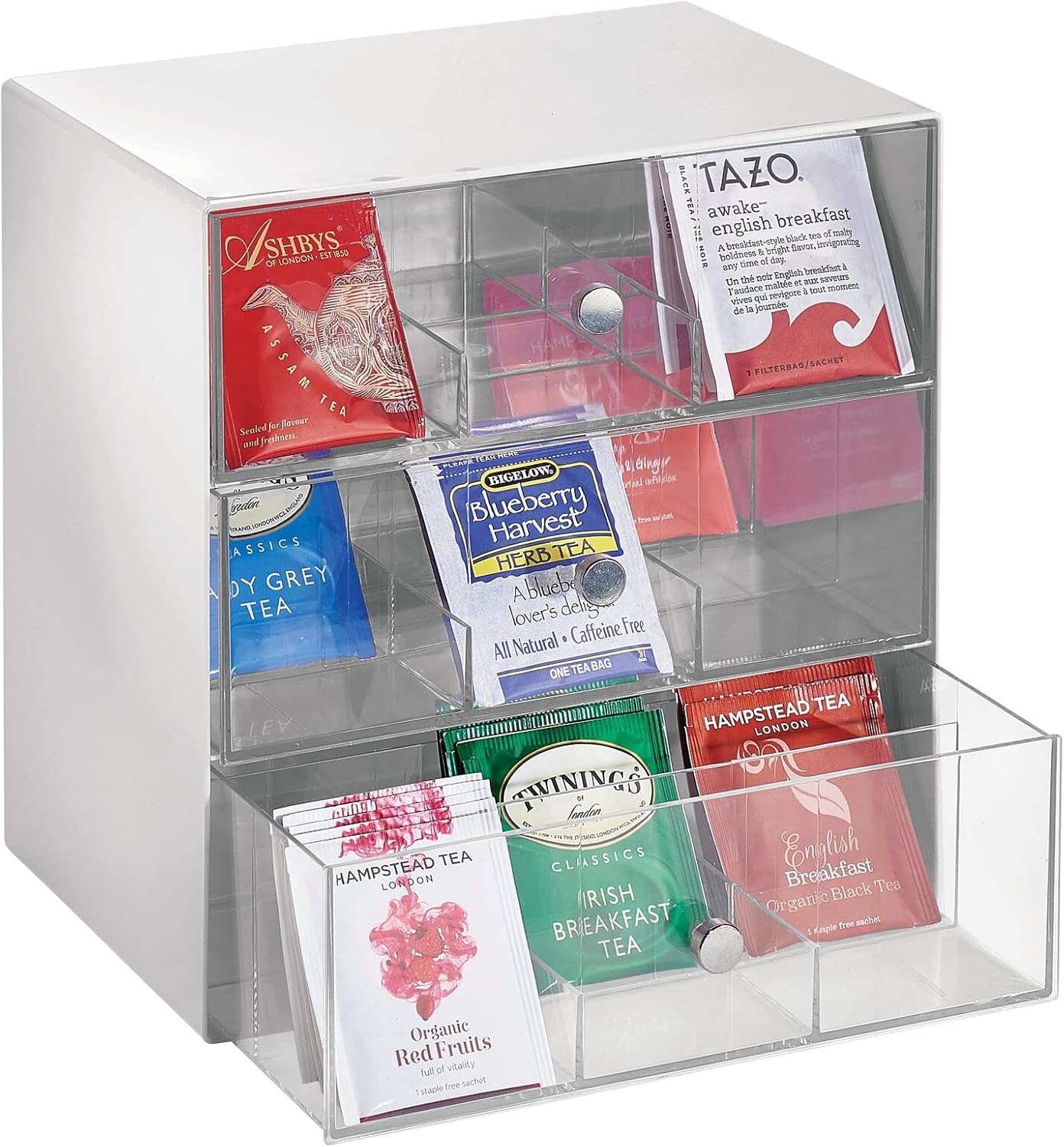 White/Clear Plastic 3 Drawer Tea Bag Caddy Box Storage Container Organizer Holder N571077