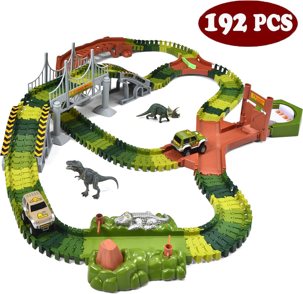 192 Pieces Flexible Train Track Race Car Vehicle Playset with 2 Battery Powered Race Cars and 2 Dinosaur Figures M96452