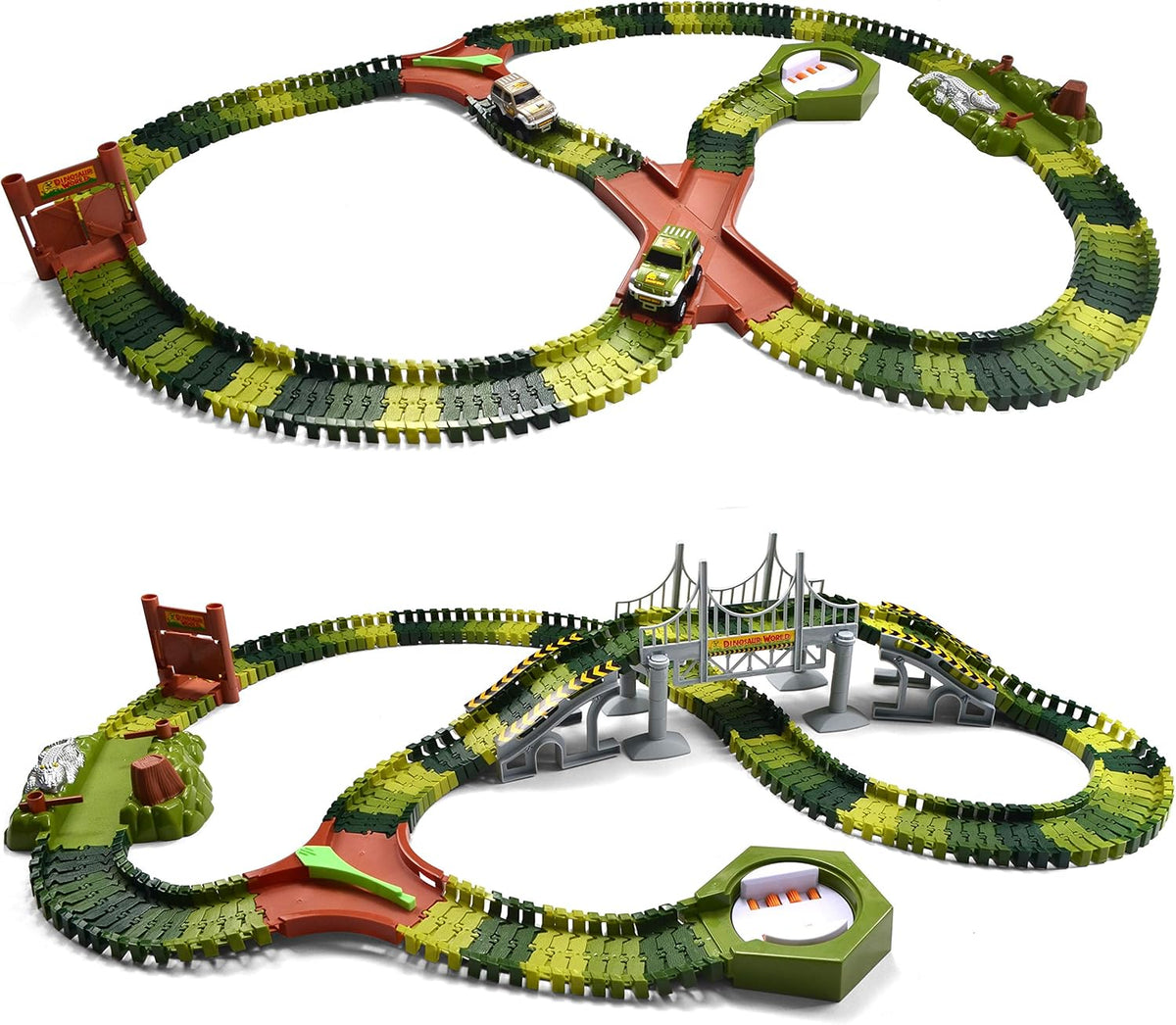 192 Pieces Flexible Train Track Race Car Vehicle Playset with 2 Battery Powered Race Cars and 2 Dinosaur Figures M96452