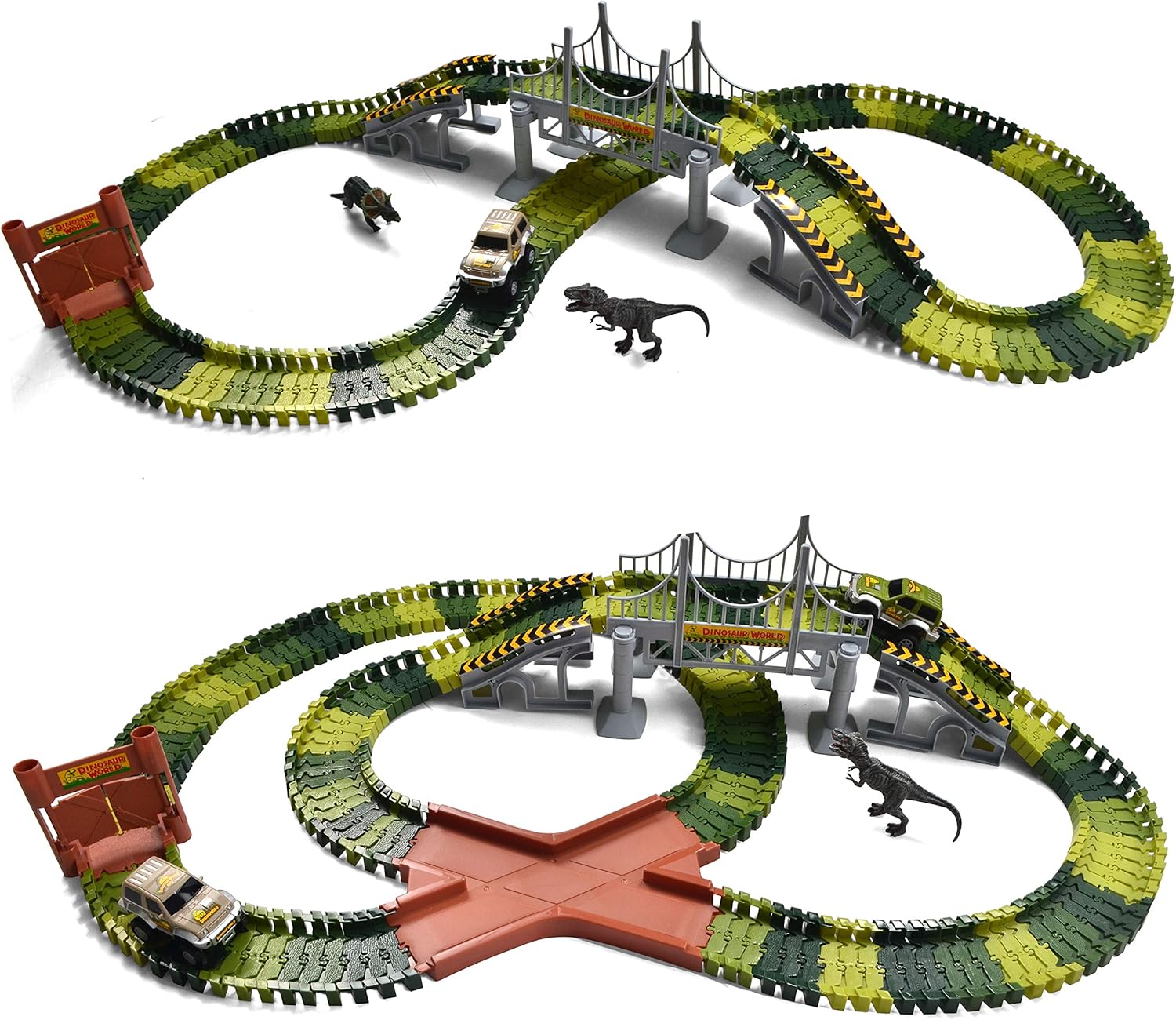 192 Pieces Flexible Train Track Race Car Vehicle Playset with 2 Battery Powered Race Cars and 2 Dinosaur Figures M96452