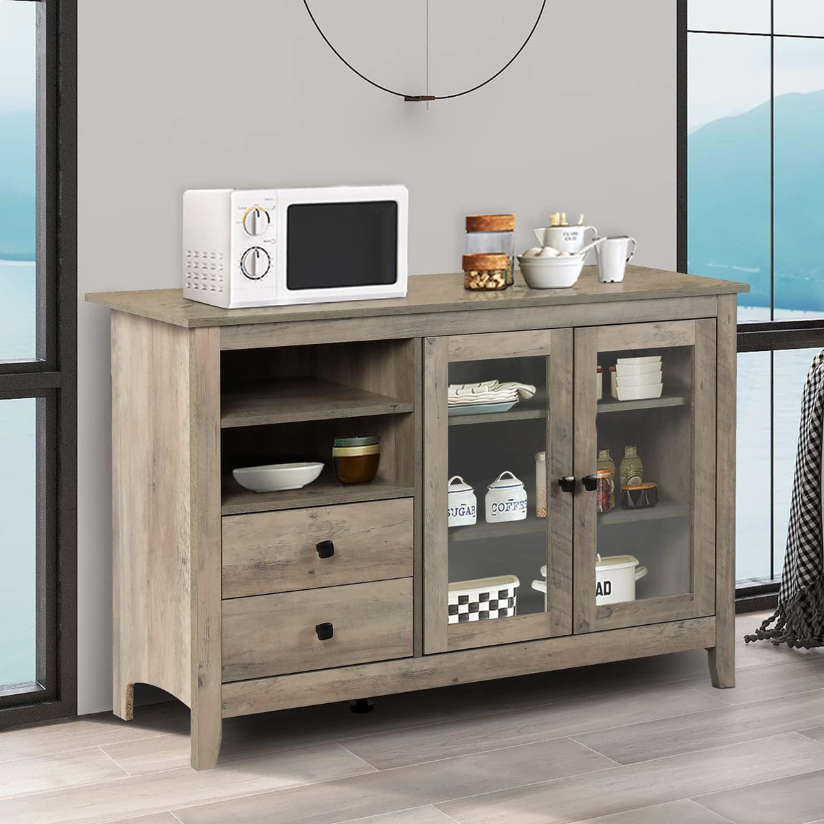 Grey Wood Grain Buffet Sideboard with Glass Door and Drawers C3030
