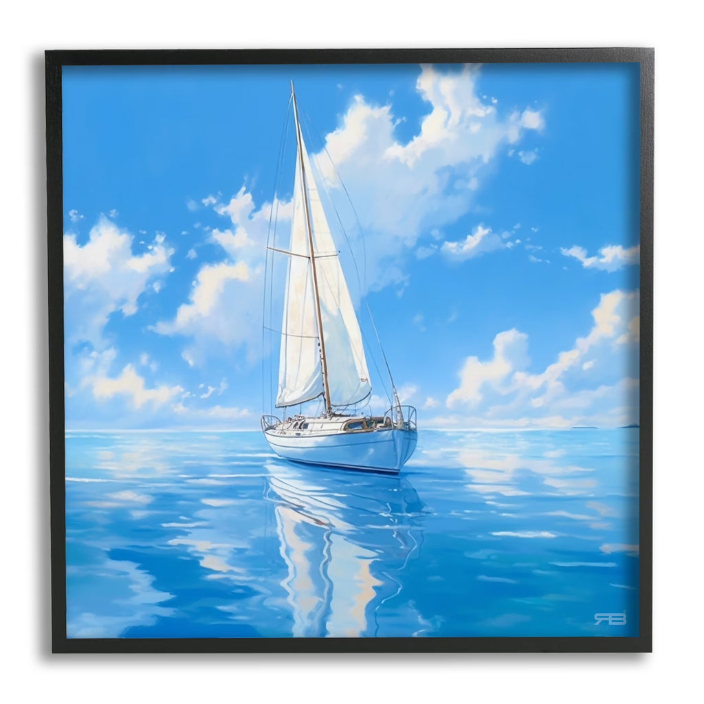 Vivid Blue Sailboat Reflection Transportation Painting Black Framed Art Print Wall Art O56148