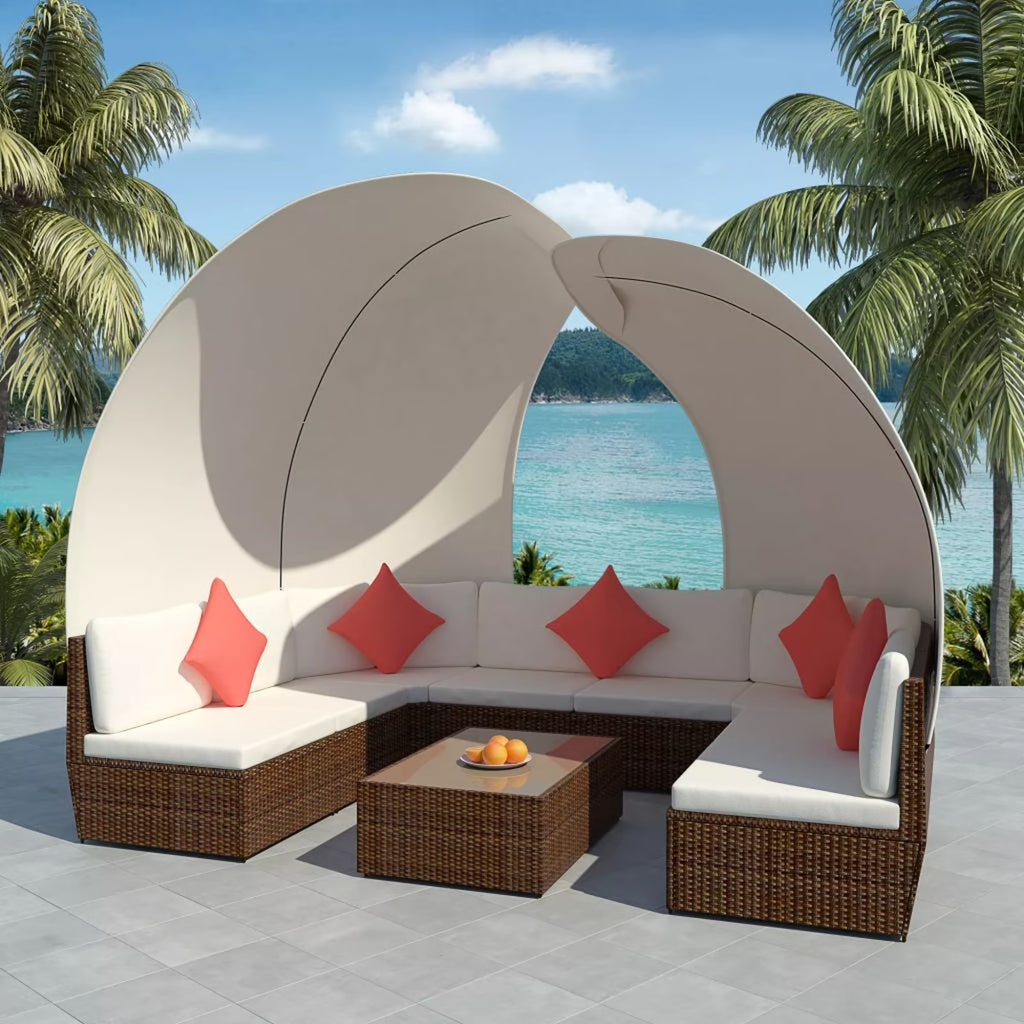 9 Piece Cream White Cushioned Poly Rattan Outdoor Furniture Set N132165