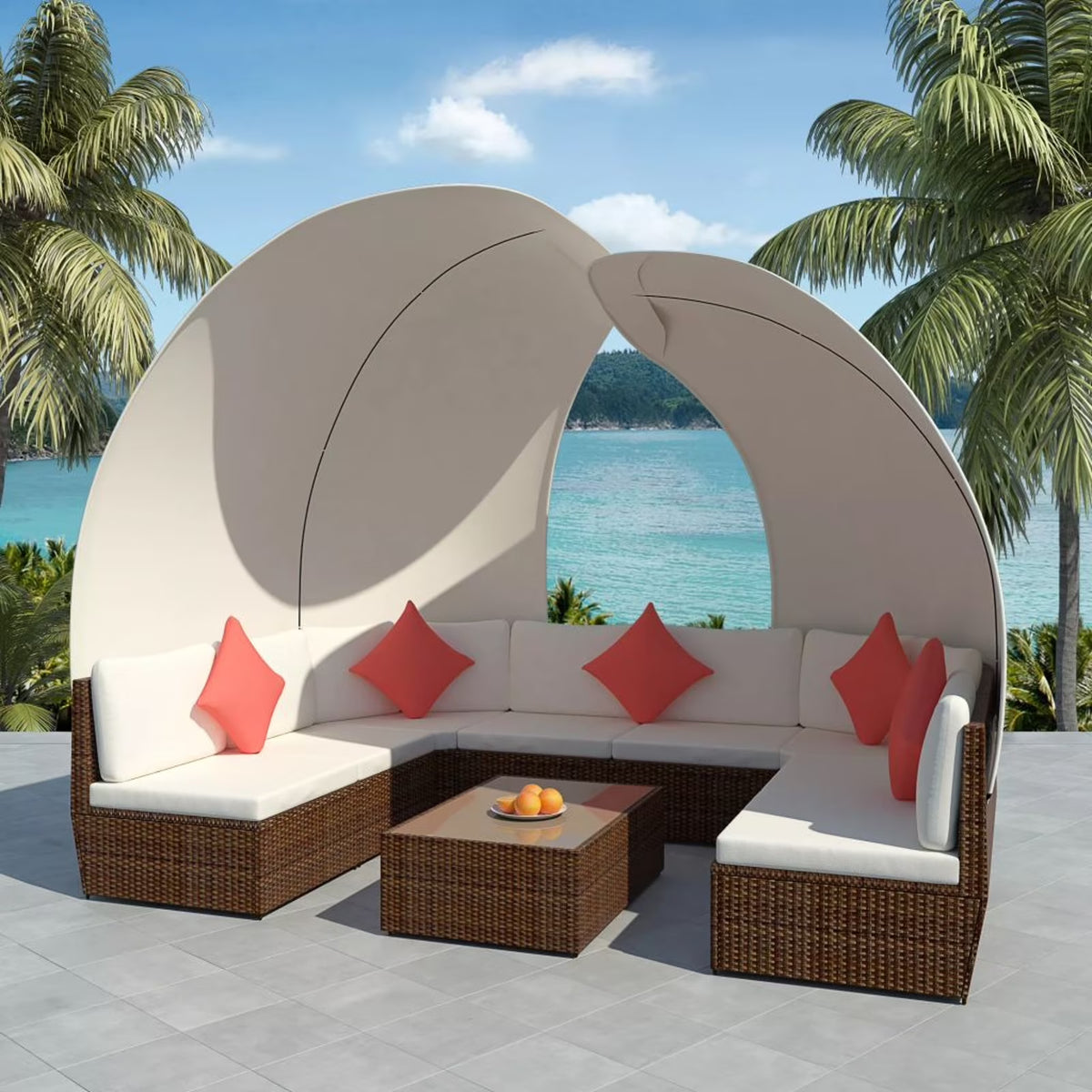 9 Piece Cream White Cushioned Poly Rattan Outdoor Furniture Set N132165