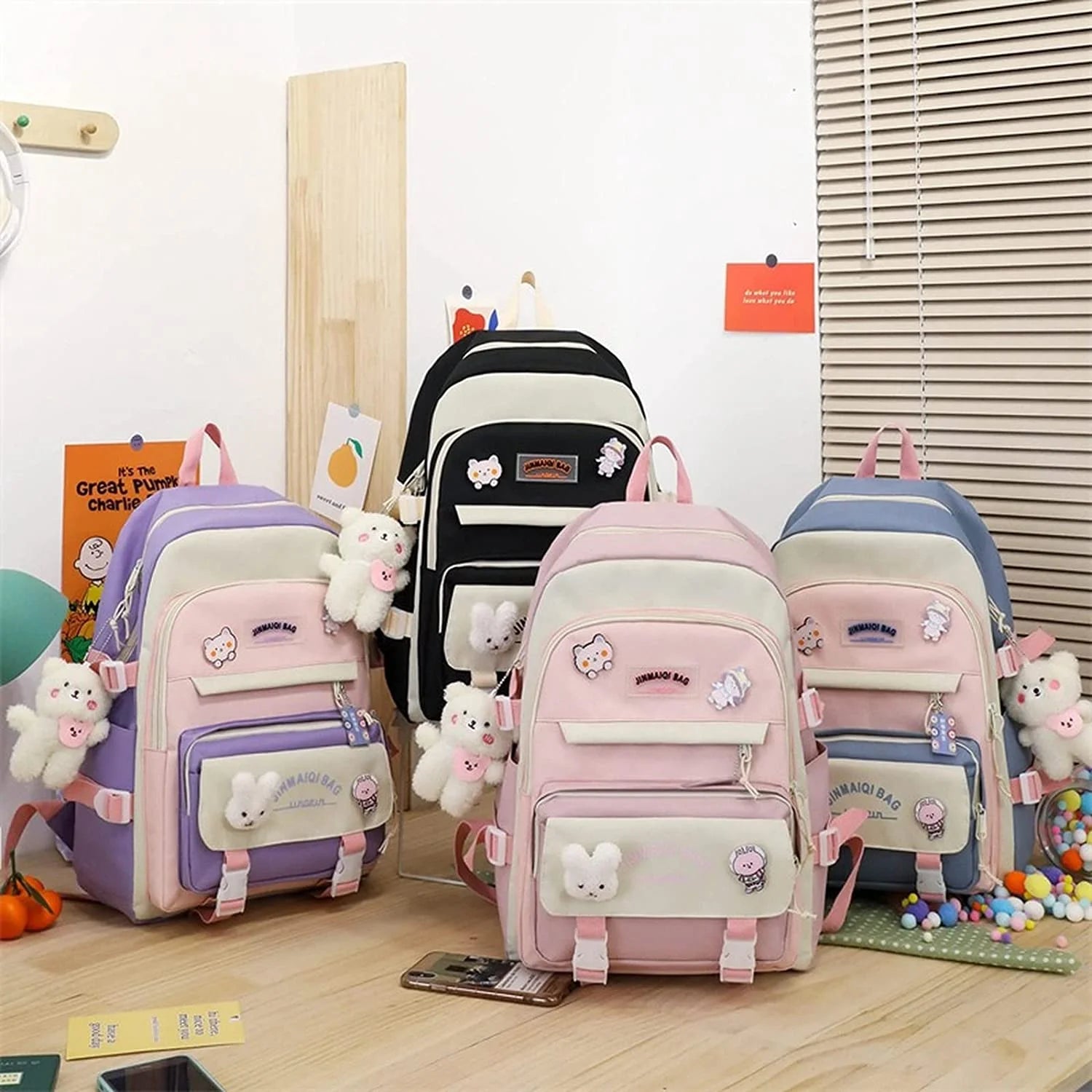5Pcs Backpacks Combo Set with Bear Pendant & Pins Z4271