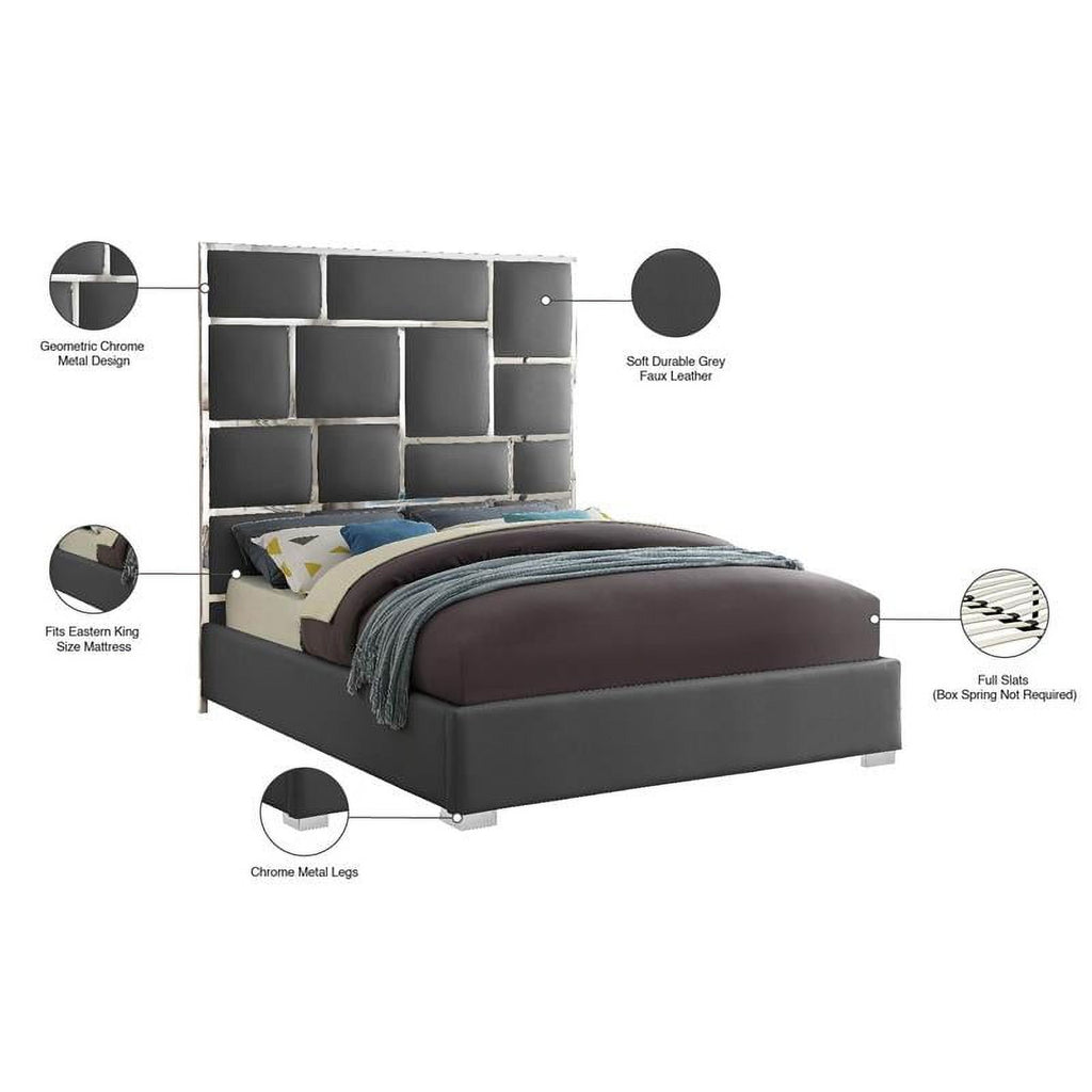 King Bed in Gray Solid Wood and Faux Leather R685595