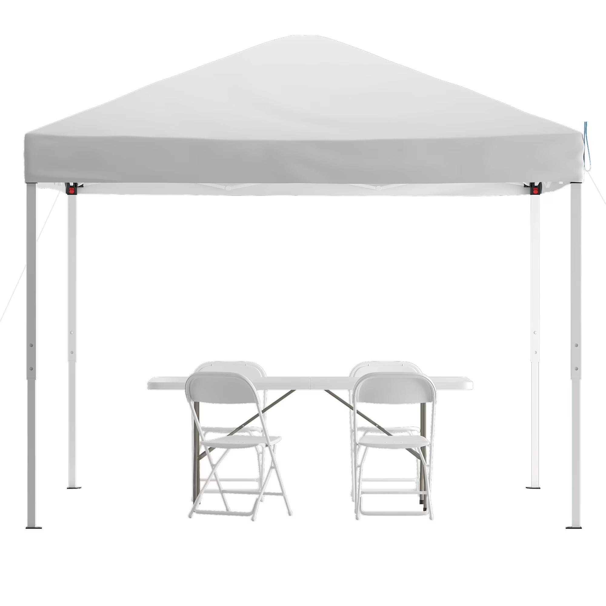 10'x10' White Pop Up Canopy Tent with 6-Foot Bi-Fold Table and Set of 4 White Folding Chairs R9443