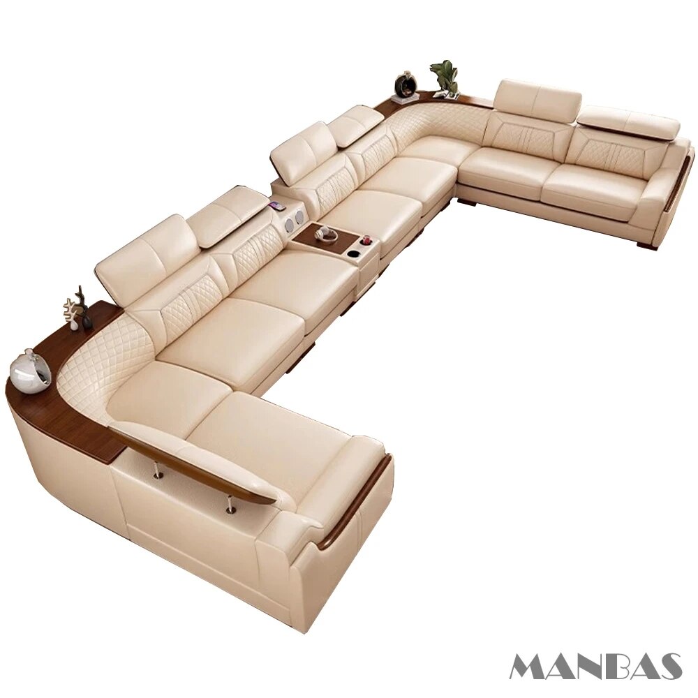 Italian Leather Couch Set with Cup Holder, USB, Adjustable Headrests & Bluetooth Speaker A3101