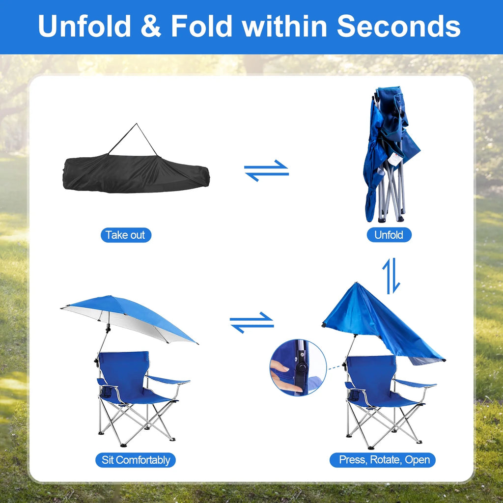 Blue Foldable Beach Chair with Detachable Umbrella Cup Holder Carry Bag N444386