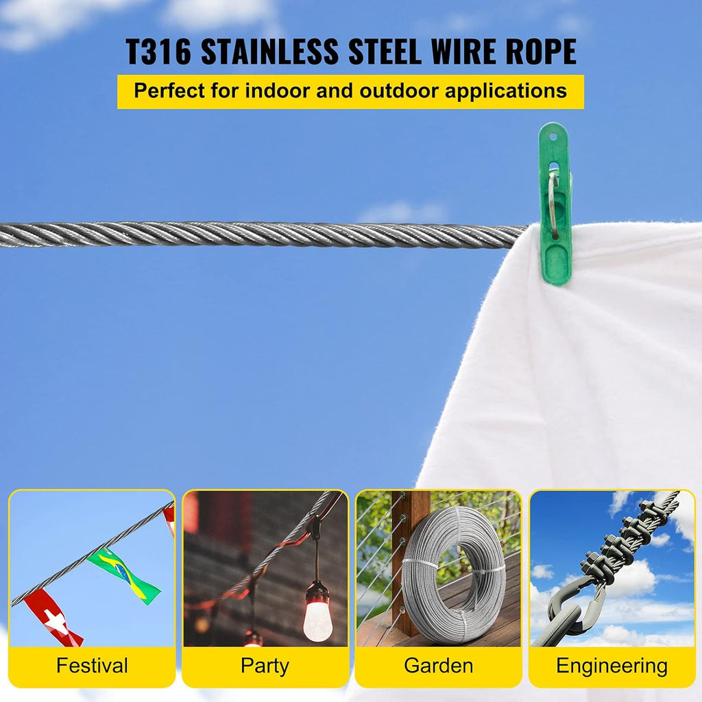 Stainless Steel 1/8"x 100ft Wire Rope 316 Marine Grade Braided Aircraft Cable H2512