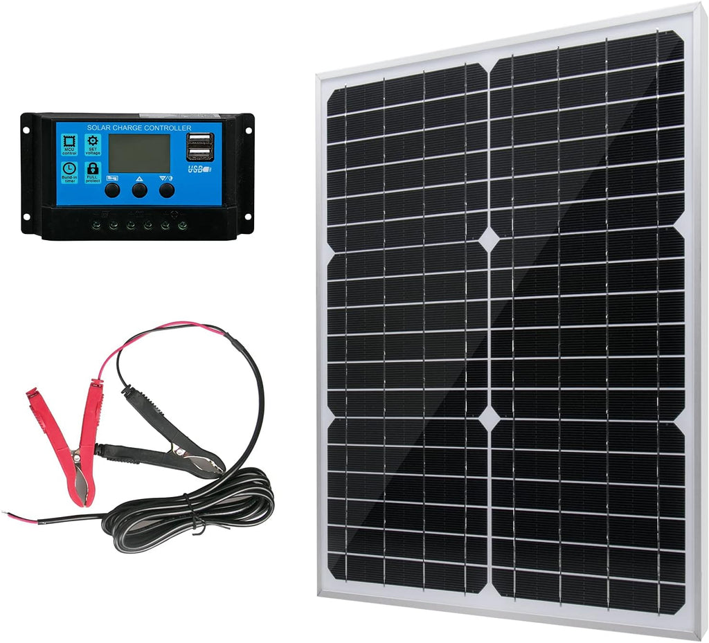 20W 12V Monocrystalline Solar Panel Battery Charger Kit with 10A Charge Controller + Extension Cable Pack of 2 B85659