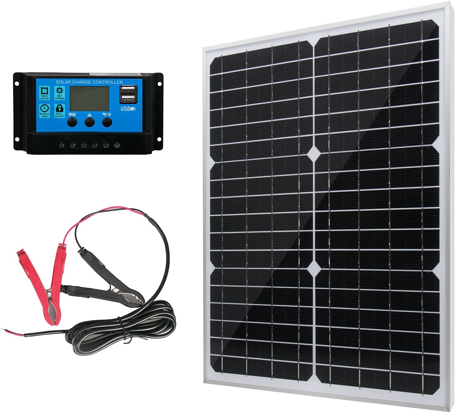 20W 12V Monocrystalline Solar Panel Battery Charger Kit with 10A Charge Controller + Extension Cable Pack of 2 B85659