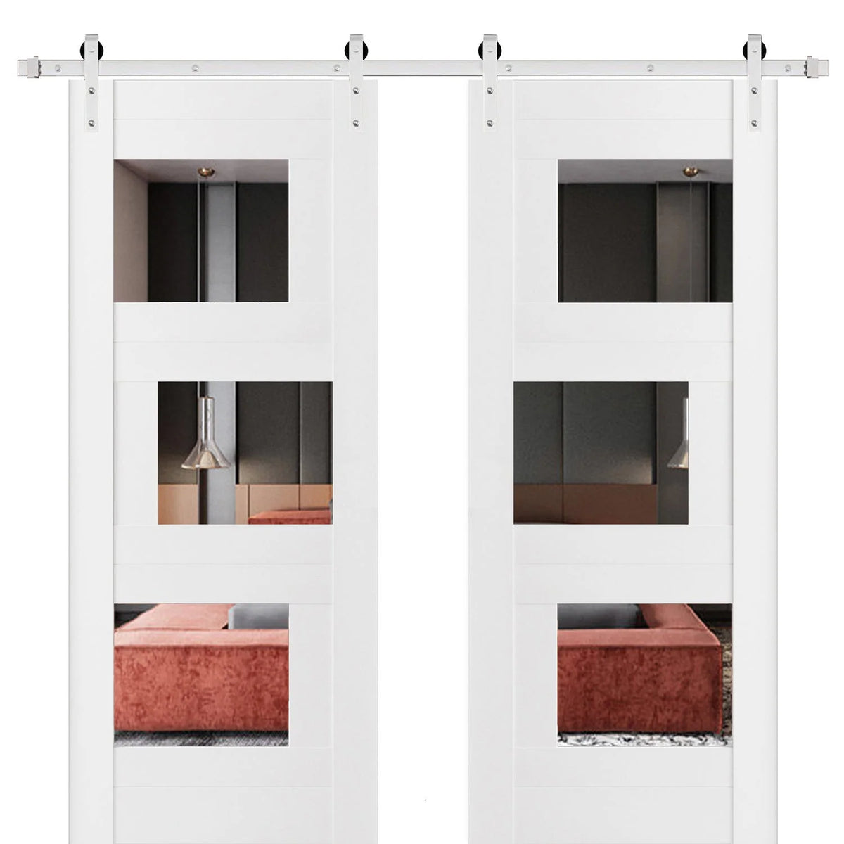 Double Barn Door 36 x 84 inches with Mirror Stainless Steel Rail Hangers Solid Panel Interior Doors K15015