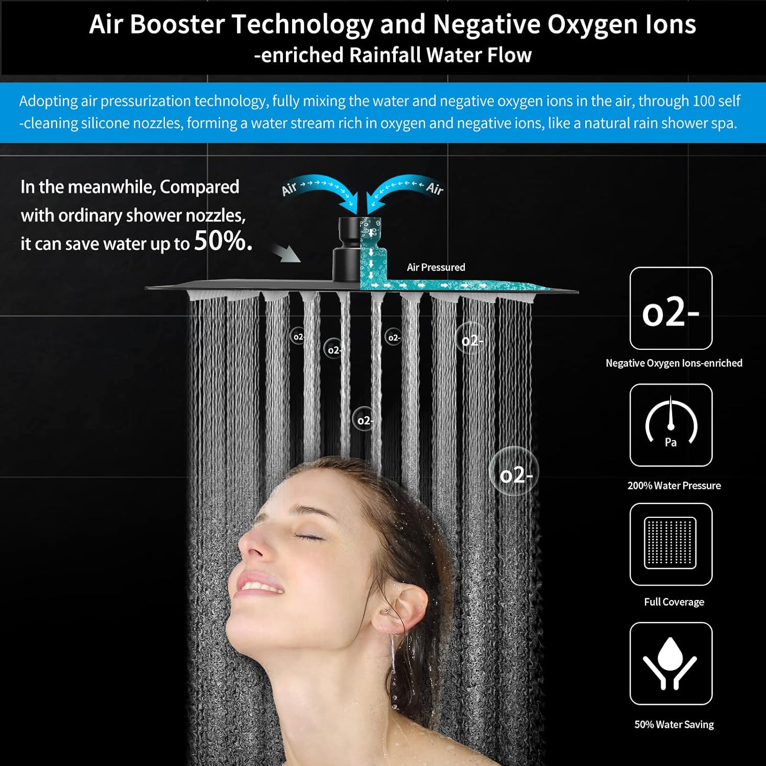 8'' Rainfall Shower Head & 9 Settings Handheld Shower Head with Holder, Hose, Chrome - Matte Black Pack of 2 Y462916