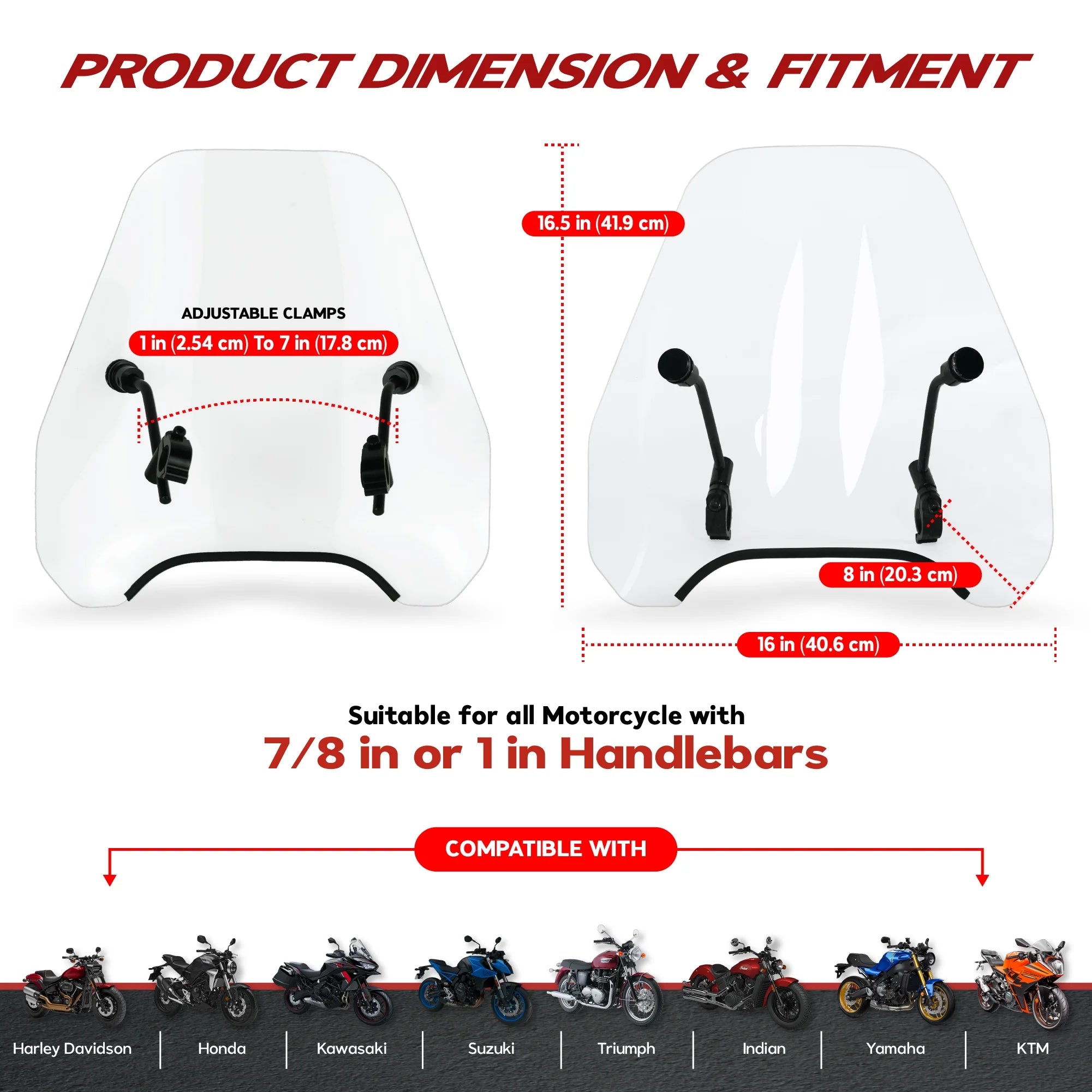15" Clear Tinted Windscreen Windshield for 7/8" or 1" Handlebars T503