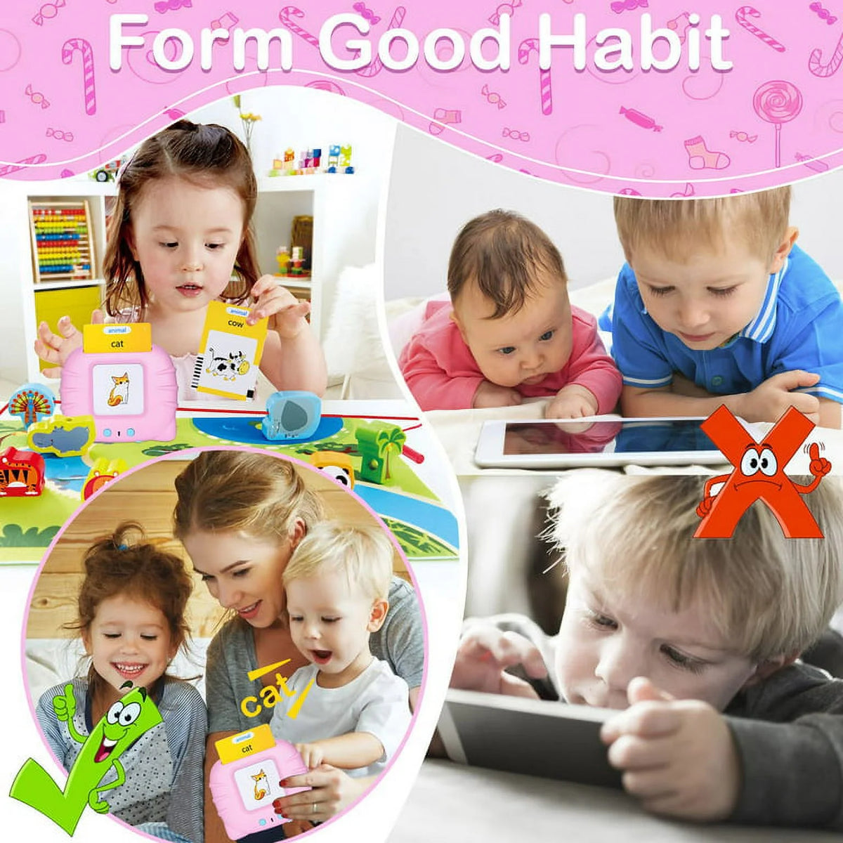 ABC Talking Flash Cards with 224 Sight Words, Montessori Toys for Toddlers, Pink X234
