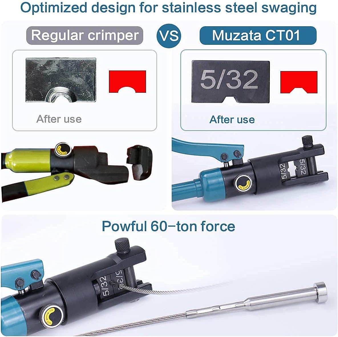 5/32 Stainless Steel Wire Rope and Hydraulic Hand Crimper Swage Tool 60Ton U554631