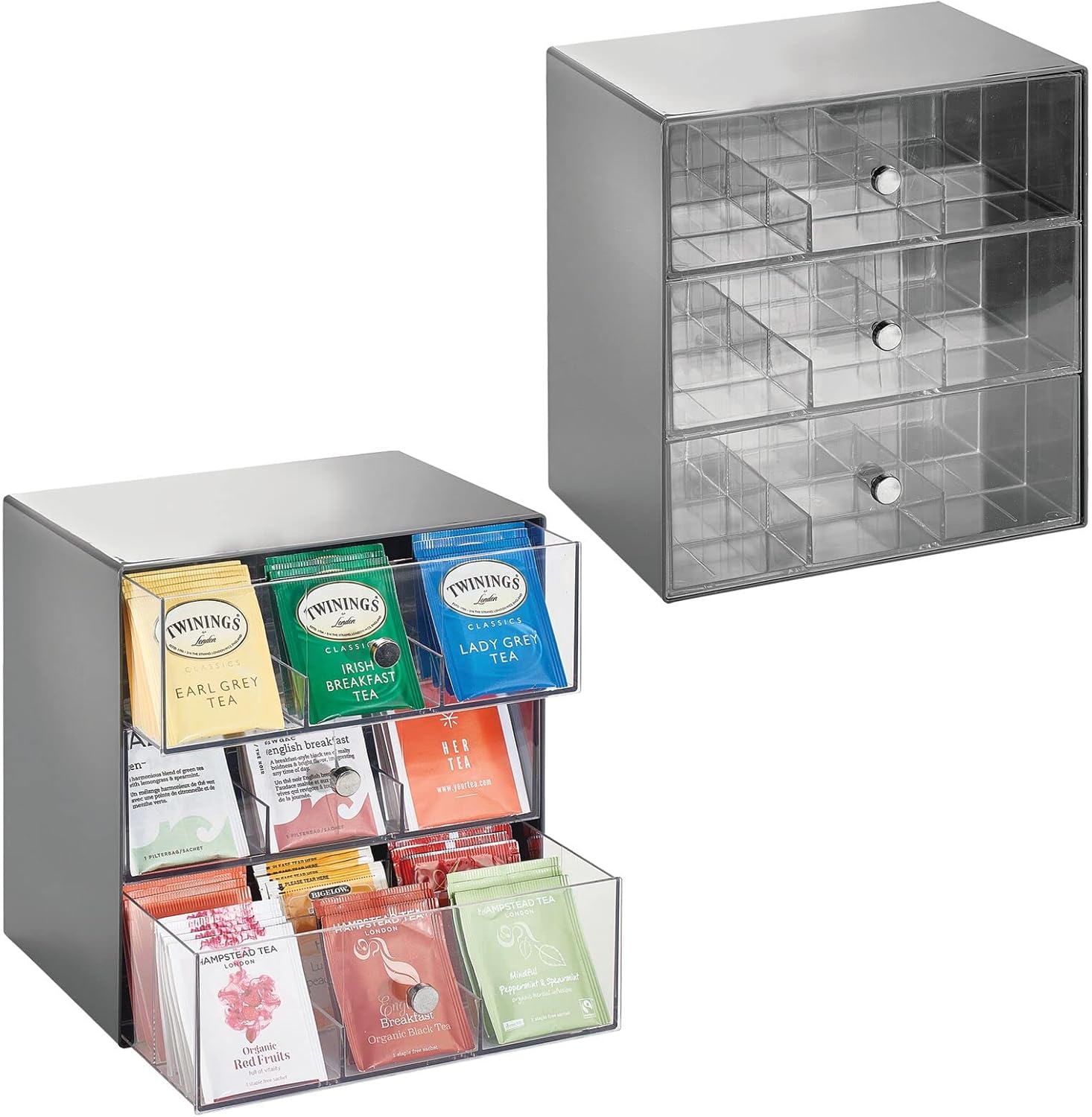 White/Clear Plastic 3 Drawer Tea Bag Caddy Box Storage Container Organizer Holder N571077