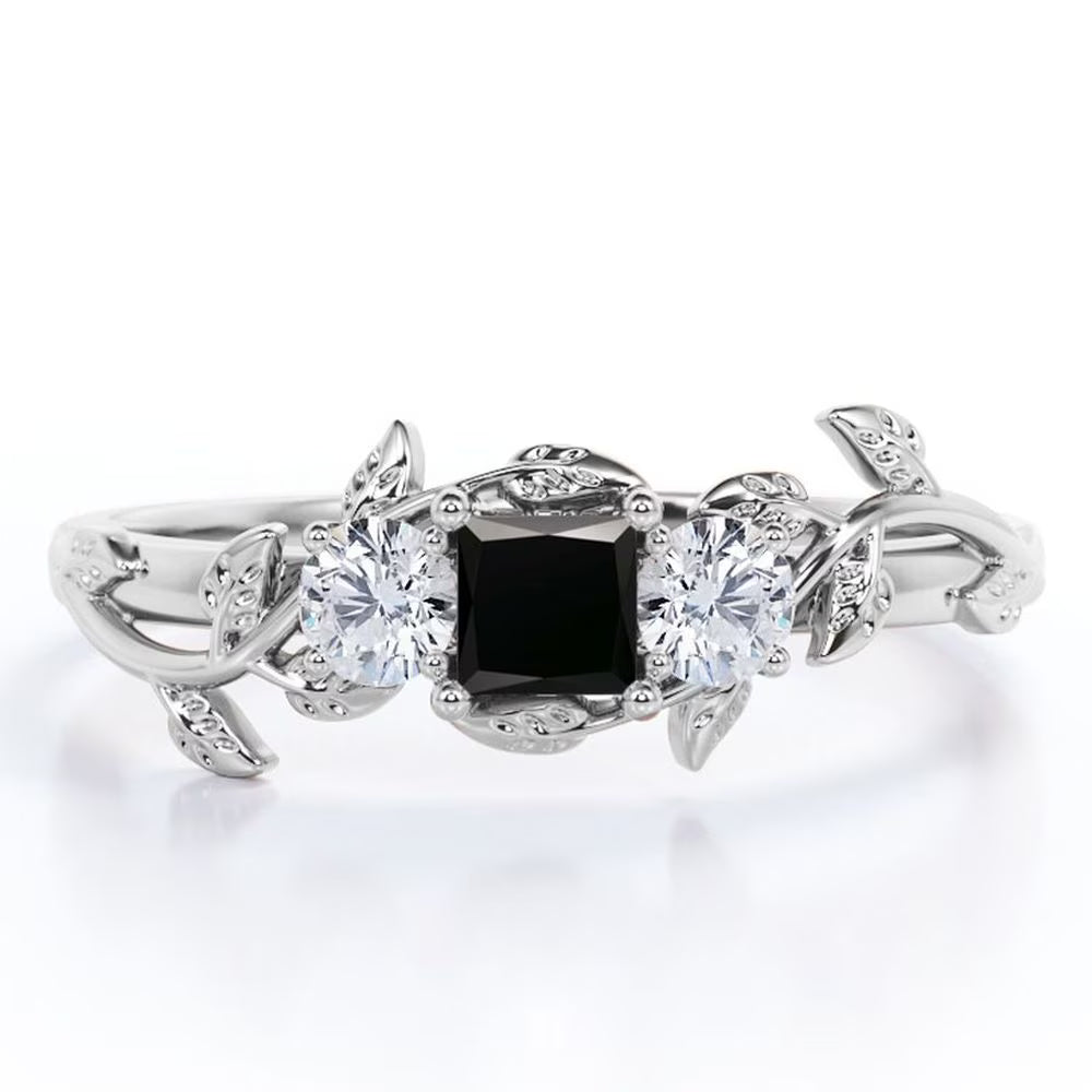 Three Stone Engagement Ring with Lab Grown Black Diamond and Moissanite V352545