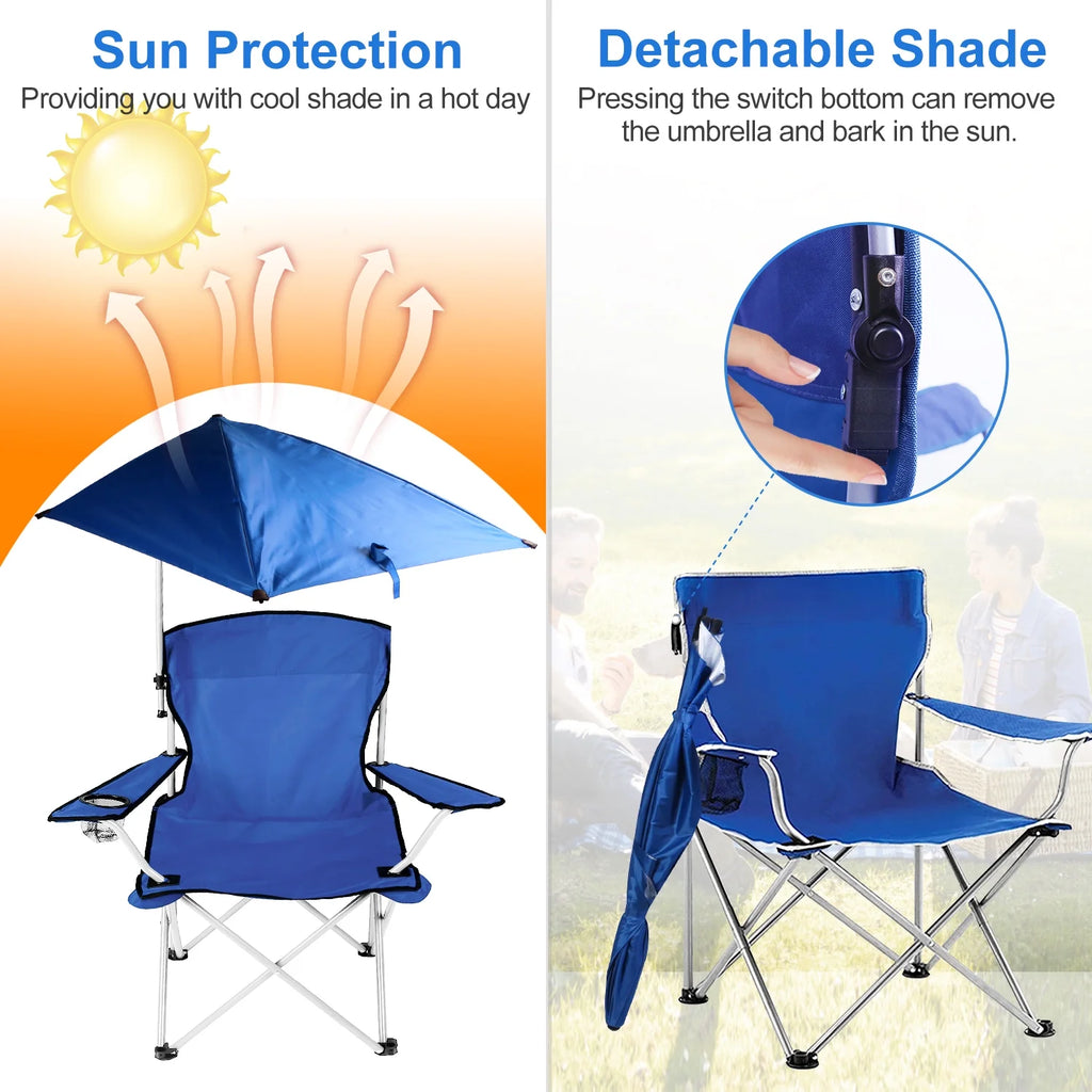 Blue Foldable Beach Chair with Detachable Umbrella Cup Holder Carry Bag N444386