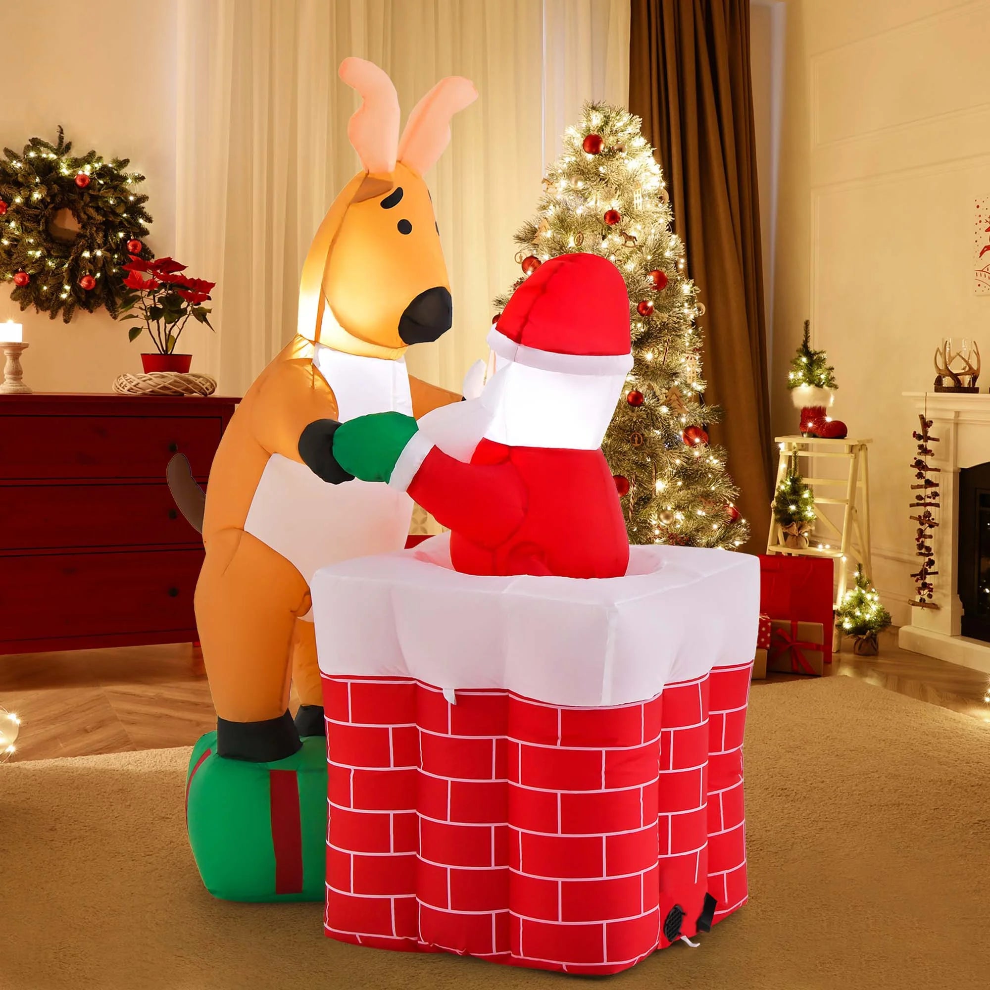 5 FT Christmas Inflatable Santa Claus Climbing Chimney Reindeer C67714