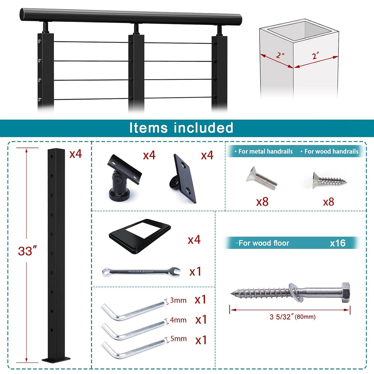 4 Pack 36x2x2 Stainless Steel Black Cable Railing Post M221144